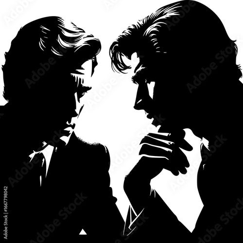 Silhouette of Consultation: Two figures engaged in a serious consultation, their silhouettes emphasizing the intensity of their discussion. The stark contrast highlights their focused dialogue.