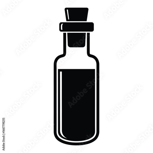 Black silhouette of a glass bottle with cork stopper and dark liquid vector