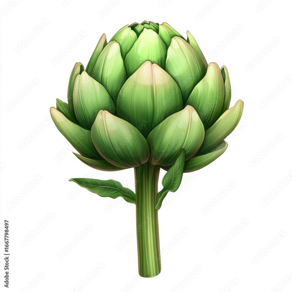 Fototapeta premium A single artichoke with a deep green hue, isolated on white background color, photorealistic accuracy, good composition, high resolution