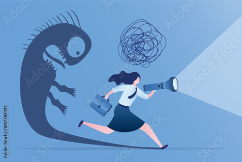 Fear or panic attack concept. Unhappy woman with flashlight runs away from ghost chasing her. Fears, problems with mental health and psychology. Scared girl with phobias.