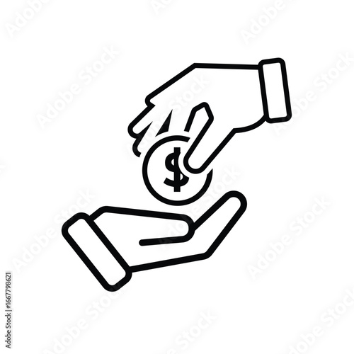 transaction icon. money. two hands giving and receiving money. paying, economy, money. Outline design style