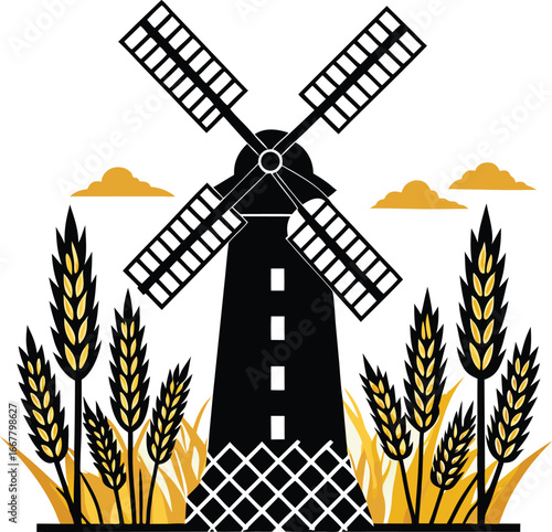 windmill with four sails wheat field stretching