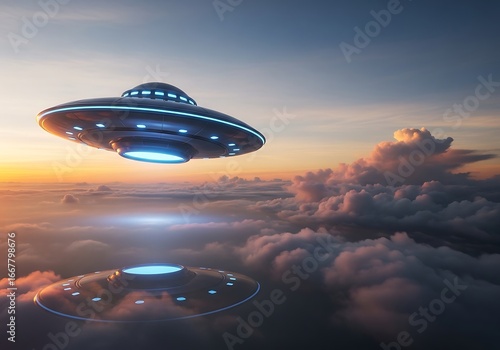 UFO above clouds at sunrise
