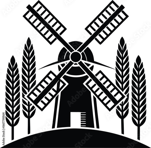 windmill with rotated blades above long wheat rows