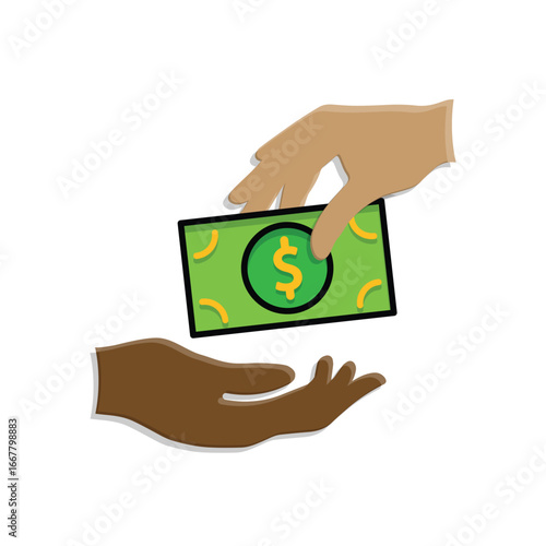 transaction icon. money. two hands giving and receiving banknotes. paying, economy, money. isometric design style