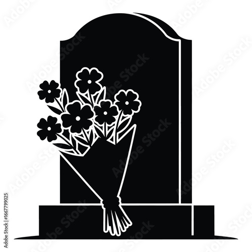 Black silhouette of tombstone with flowers on white background gravestone memorial