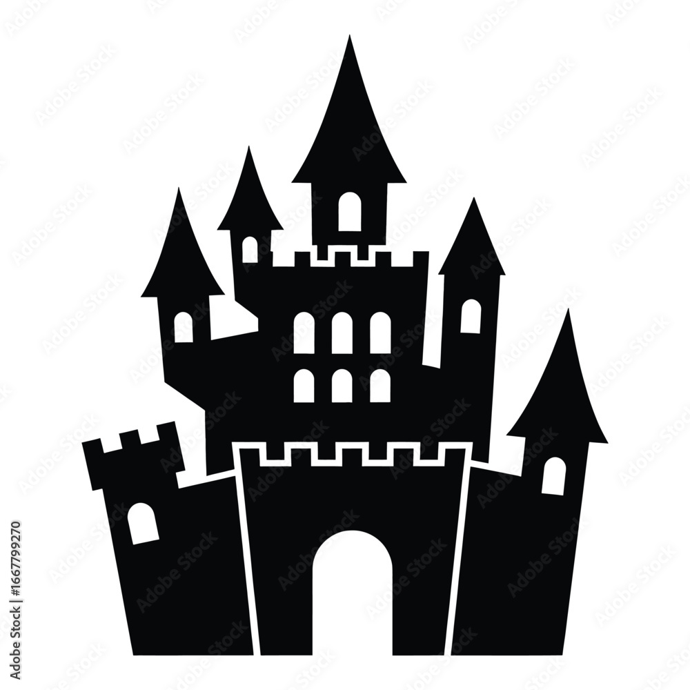 Fototapeta premium Black silhouette of a spooky haunted castle with tall spires vector