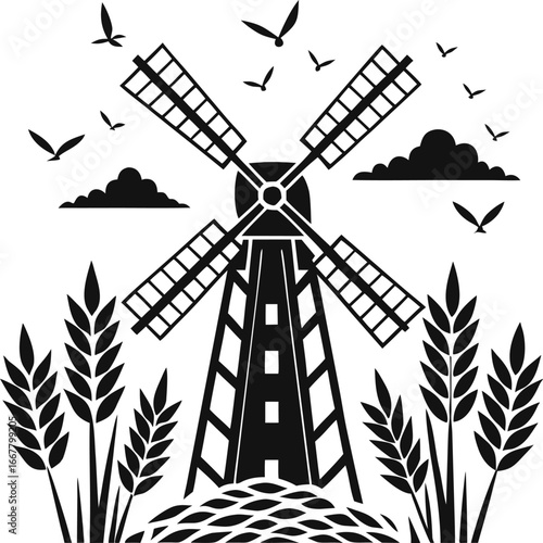 windmill with wheat foreground and birds flying
