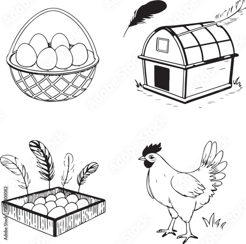 Black and White Farm Elements – Basket of Eggs, Chicken Coop, Feather Tray, and Rooster Sketch