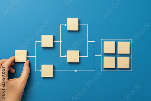 Hand building a flowchart with wooden blocks. Concept of business process management, workflow optimization, project planning, and building a structured system.