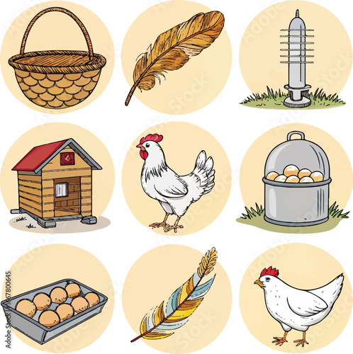 Farm and Chicken Raising Icons – Basket, Feathers, Coop, Hen, Eggs, and Waterer Illustration