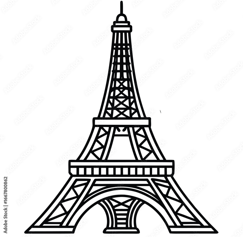 Fototapeta premium Isolated black silhouette of the famous Eiffel Tower, a recognizable symbol of French travel and Parisian architecture, in a simple vector illustration