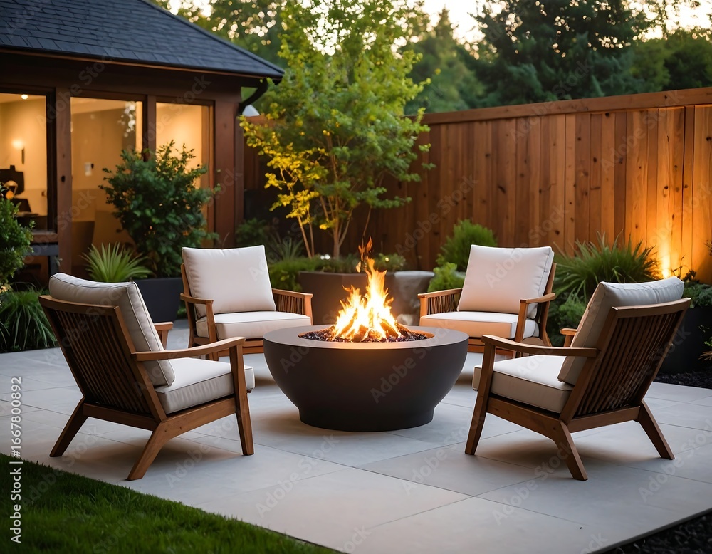 Obraz premium Backyard fire pit, evening seating arrangement