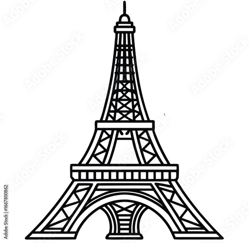 Isolated black silhouette of the famous Eiffel Tower, a recognizable symbol of French travel and Parisian architecture, in a simple vector illustration