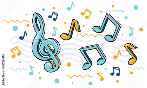 Funky colorful clef and musical notes - music decorative design