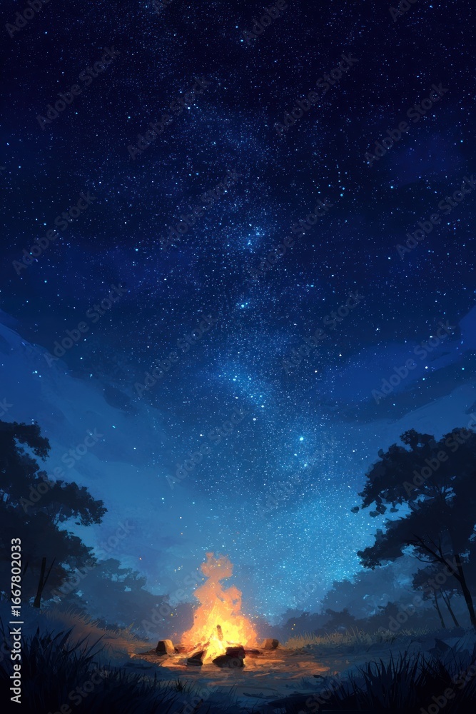 Naklejka premium Campfire under a starry night sky