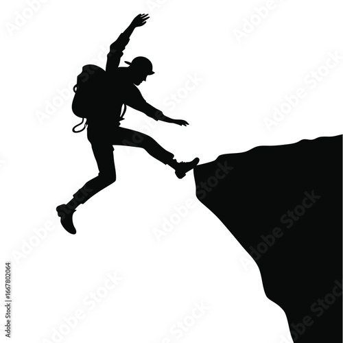 Silhouette of a hiker jumping across a cliff edge, representing adventure and risk.