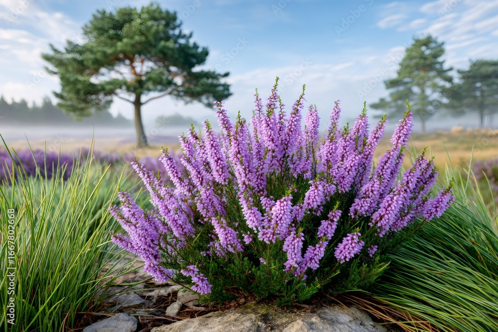 Obraz premium Blooming heather flowers covering the field in a foggy morning landscape