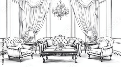 Luxury classic living room interior with sofa chairs chandelier and curtains drawn in retro sketch style illustration