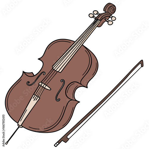 Illustration of a cello with a bow, a classical stringed musical instrument.