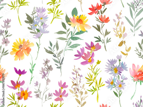 Watercolor Seamless Floral Pattern with Abstract Hand-painted wild flowers. Autumn Floral textile design for fabric and stationary. Botanical wallpaper on a transparent background.
