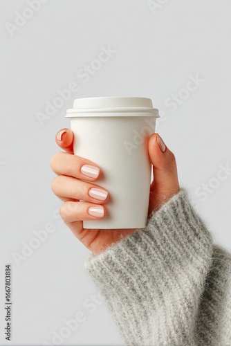 Hand holding a white coffee cup
