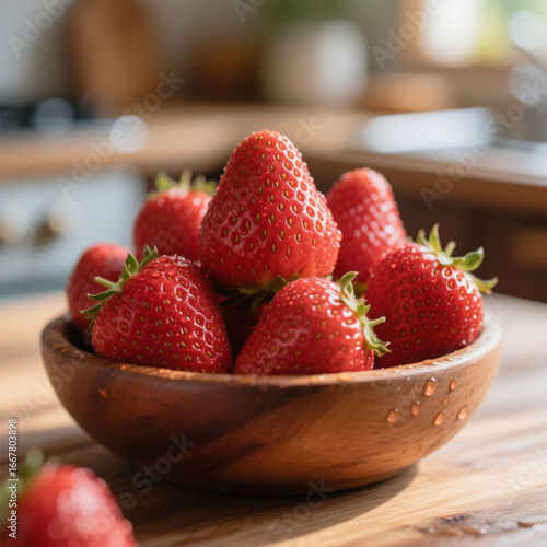 High resolution photo of ripe strawberries in a wooden bowl, natural light, macro photography