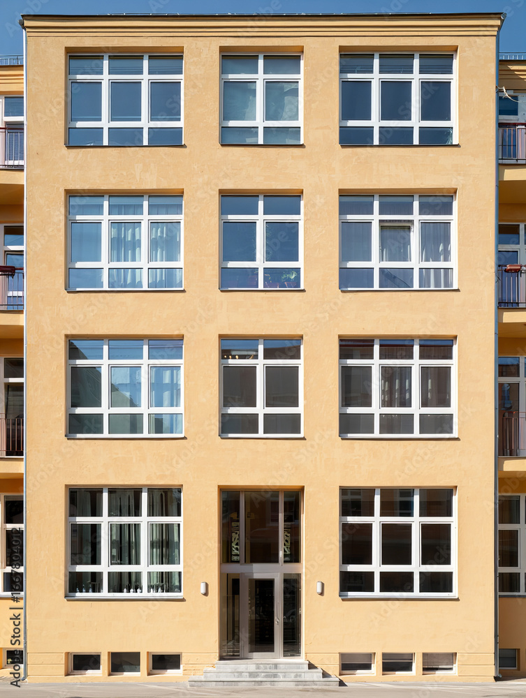 Fototapeta premium Simple residential building facade with yellow plaster and white windows 