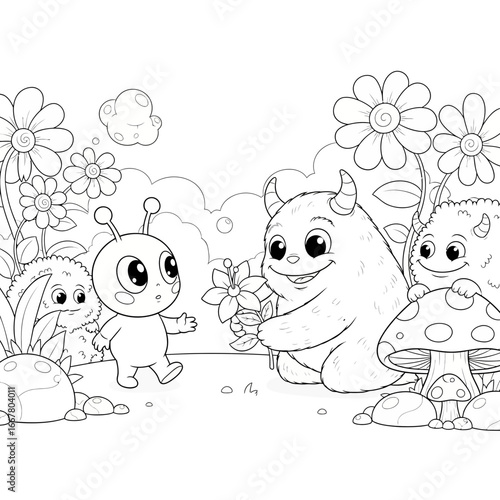 Alien and friendly monster garden coloring page, charming creature art for kids.