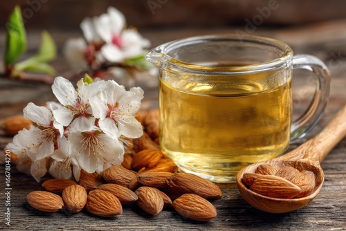 Almond oil, blossoms, and nuts on rustic wood (1)