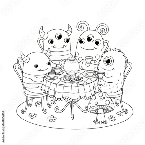Cute monsters tea party coloring page, friendly monster party art.