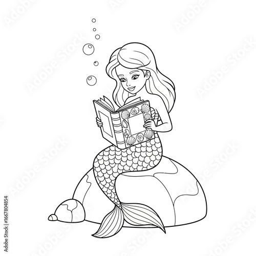 Enchanting mermaid reading a shell book coloring page for kids.