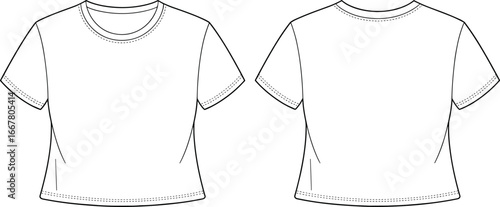 Cropped t-shirt vector template, front and back view, fashion flat sketch, short sleeve mockup, apparel design outline, casual wear illustration