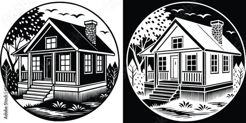 Charming vintage house with porch and chimney nestled among trees, evoking cozy nostalgia and timeless appeal.