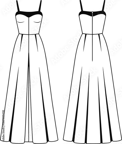 Long dress technical sketch, fashion illustration front and back, sweetheart neckline, thin straps, flared skirt, pleated design, garment construction