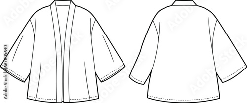 Kimono-style garment technical sketch, front and back view, fashion illustration, loose fit design, wide sleeves, minimal construction, apparel template