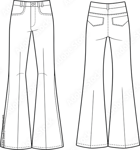 Pants technical sketch, fashion flat drawing, front and back view, high waist, flared leg, stitching detail, pocket design, apparel template
