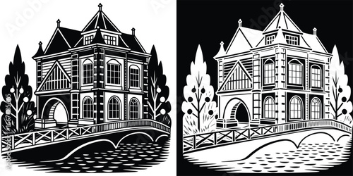 Stunning vintage building with arched bridge over water, capturing timeless architectural elegance and serene natural beauty.