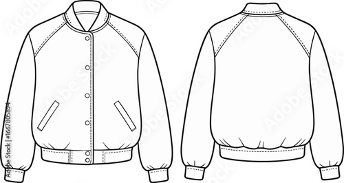 Varsity jacket vector template, front and back view, fashion flat sketch, outerwear mockup, casual clothing design outline, unisex apparel illustration
