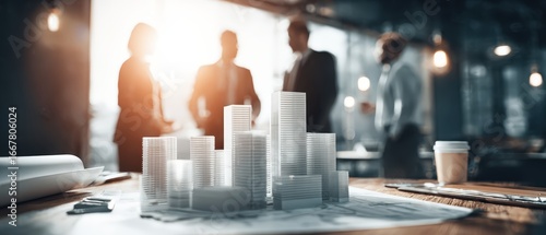 Fototapeta Naklejka Na Ścianę i Meble -  Modern urban architectural tower model in office with people discussing new city development project