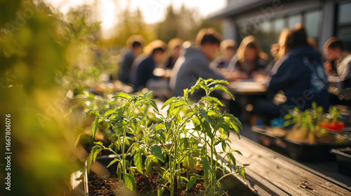 Students engage in outdoor gardening activity during a sunny afternoon at the community center in spring