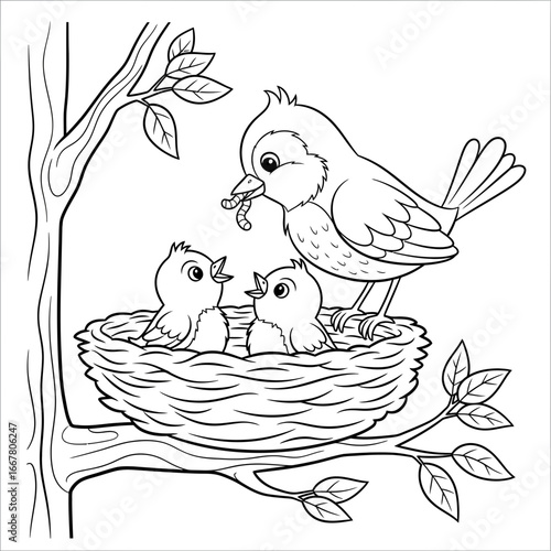 Mama bird feeding chicks coloring sheet, sweet animal line art.