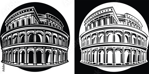 Iconic Colosseum architecture in striking black and white graphic, evoking history and grandeur for travel or cultural themes.