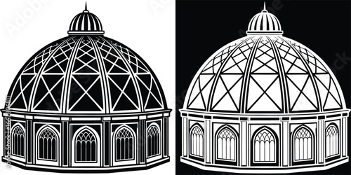 Elegant geodesic dome architecture with gothic arched windows and classic striped apex for grand building designs