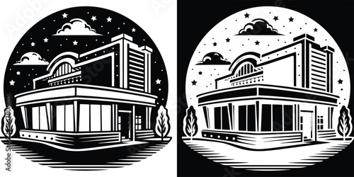 Striking modern building facade at night under starry sky creates dynamic urban ambiance