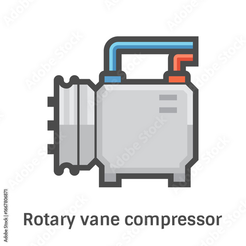 Rotary vane or sliding vane compressor vector icon, to compress air or gas in automotive air conditioning systems and vacuum pumps. Visuals related to HVAC technology and automotive engineering.