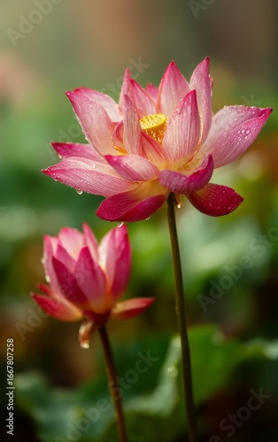 Minimalistic Beautiful Lotus in Full Bloom with Water Reflection, Soft Warm Morning Light, Raining Day, Bright Bokeh Background, Ample Negative Space for Text or Branding, Peaceful and Natural Composi