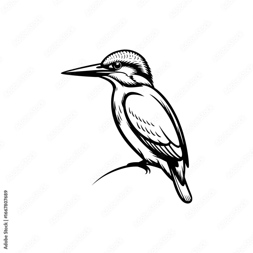 Fototapeta premium Detailed hand-drawn kingfisher bird perched on a branch naturalistic sketch style white background