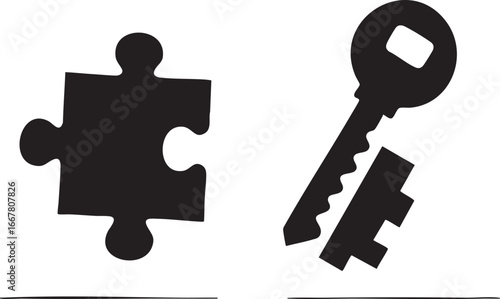 Puzzle piece and broken key vector illustration: problem solving concept eps silhouette