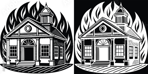 Dramatic building engulfed in stylized flames, creating a powerful symbol of crisis or transformation.